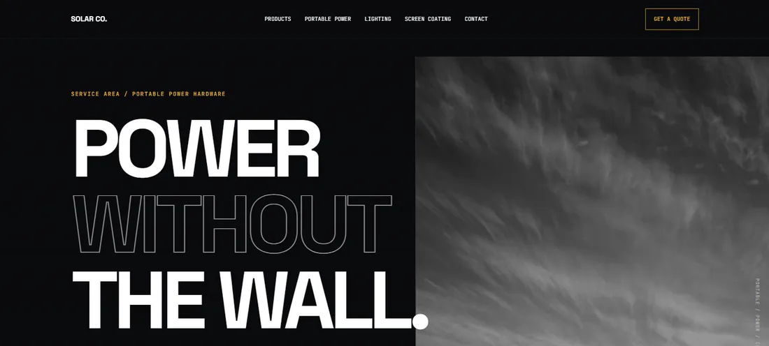 A solar company website: a dark page with the headline "Power without the wall", a photograph of solar panels under an open sky, and buttons reading Talk hardware and View product architecture.